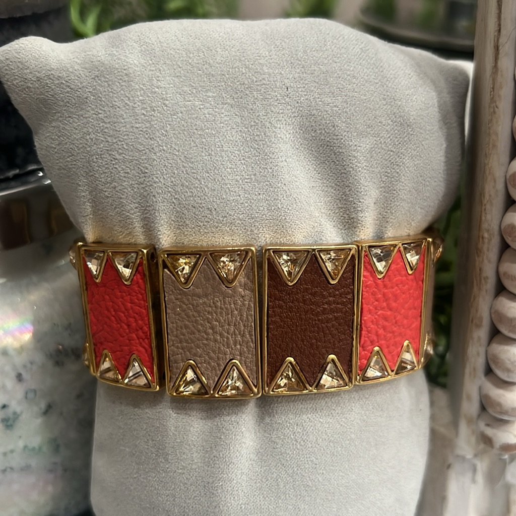 Cache Coral, Tan, Brown & Gold Began Leather And Rhinestone Stretch Bracelet